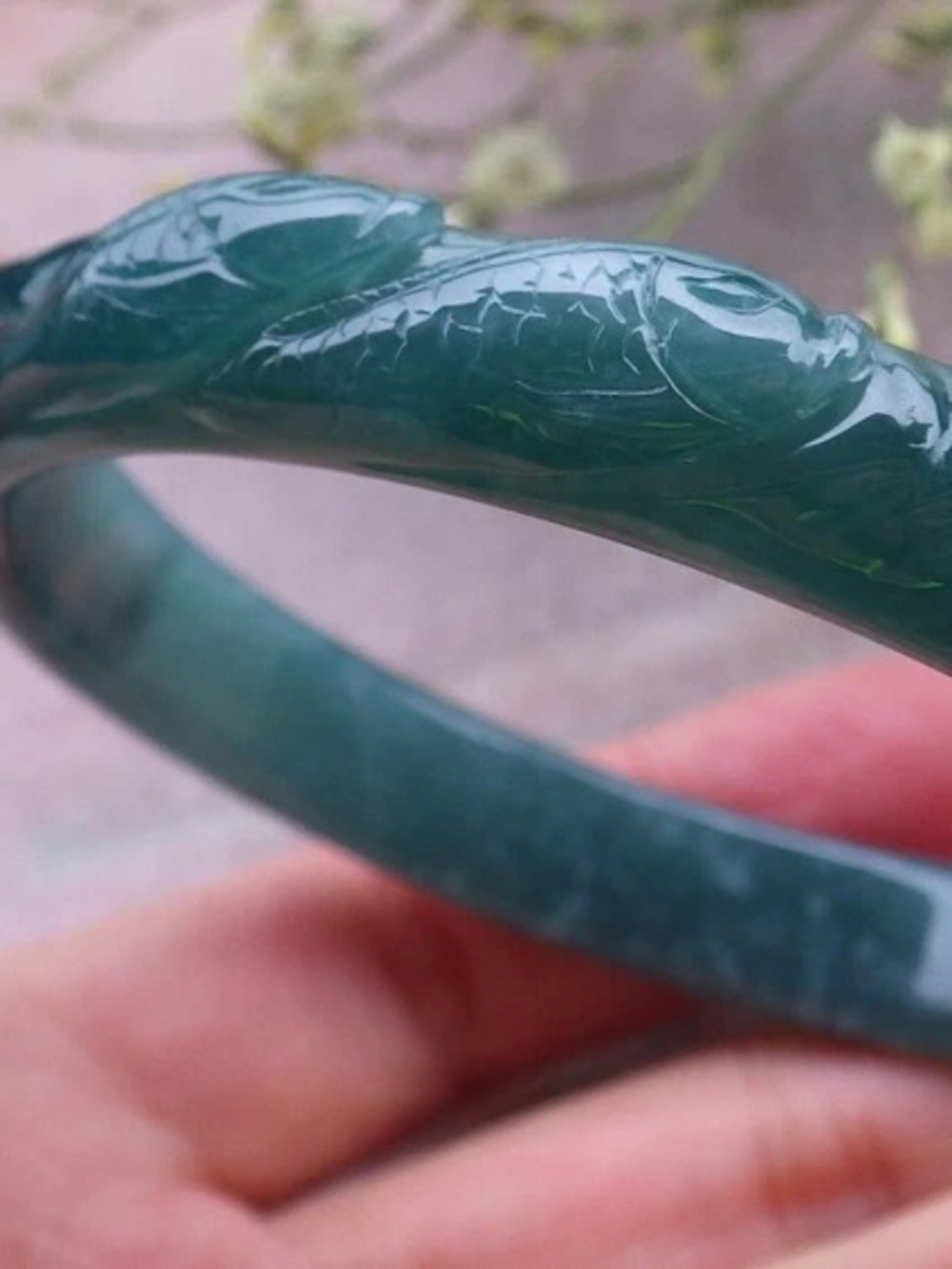 60mm Certified Natural A JADE Jadeite Fish Lotus Flower Circle Bangle Bracelet